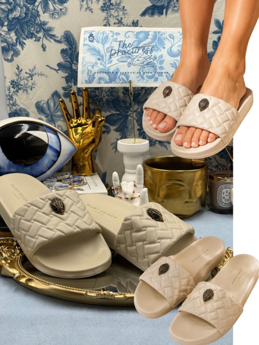 🆕 KURT GEIGER LONDON 🧿 NWOB Meena Eagle Quilted Slide, Bone - Picture 2 of 12